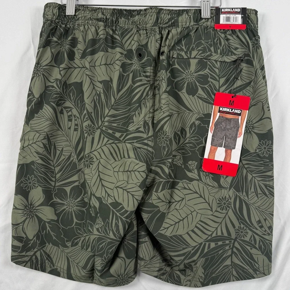 Kirkland Mens M Swim Trunks Shorts Green Tropical Floral Stretch‎ Quick Dry NWT